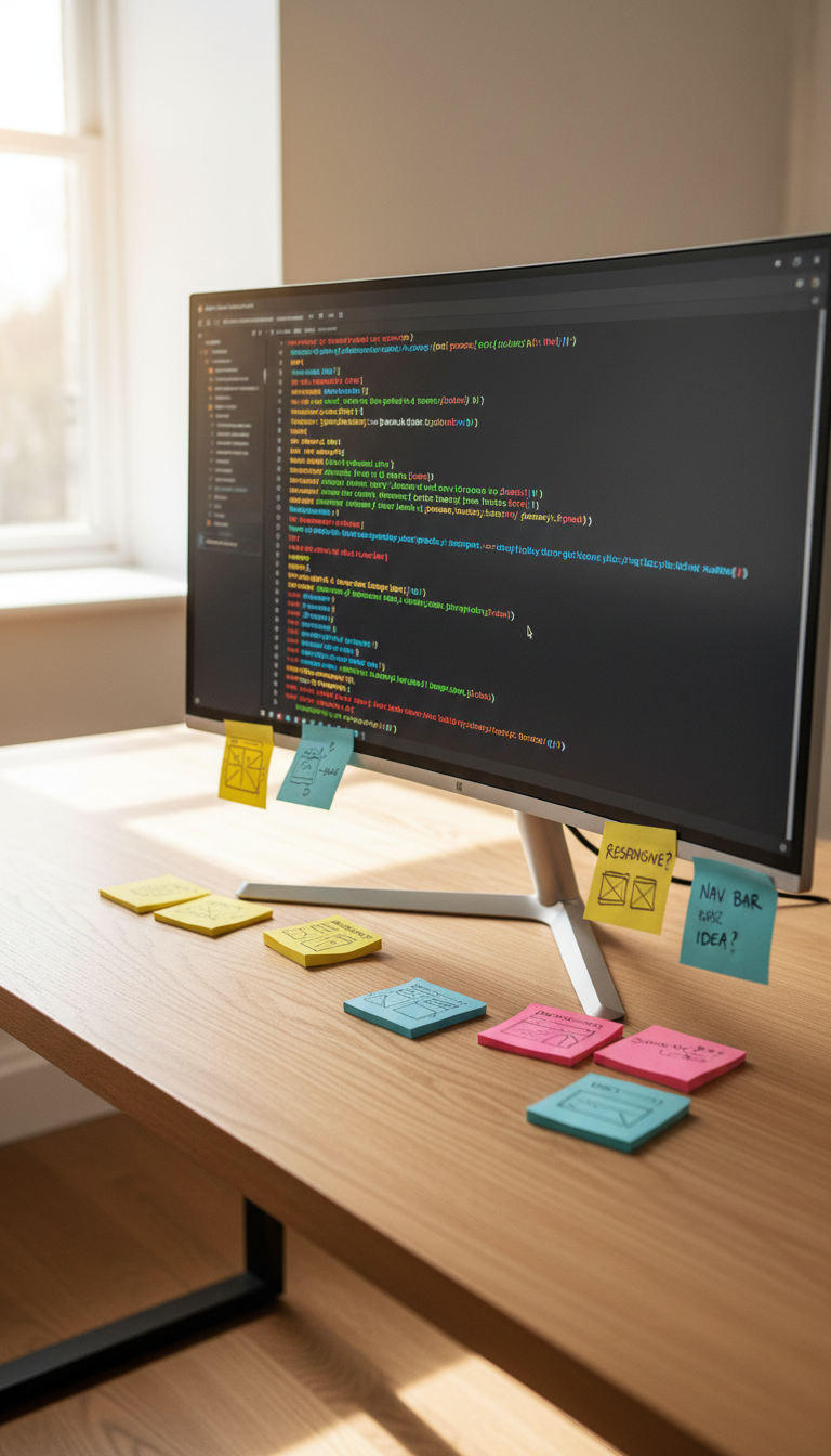 A sleek, modern desktop computer with a high-resolution widescreen monitor displaying a complex HTML and CSS code editor, the text in vivid colored syntax against a deep charcoal background. The monitor sits atop a minimalist polished wood desk, surrounded by scattered sticky notes filled with sketched-out wireframes and website ideas. Daylight from a large window softly illuminates the workspace, highlighting the subtle grain of the desktop and creating gentle reflections on the monitor. The mood is focused and contemplative, with a clean, modern aesthetic. Shot from a slightly elevated angle, the composition places the monitor at the center, using shallow depth of field to draw attention to the code, supporting the blog's theme of overcoming web design challenges.